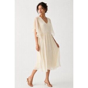 Ella Moss Ivory Boho Flutter Sleeve Crinkle Midi Dress L Lined Empire Waist